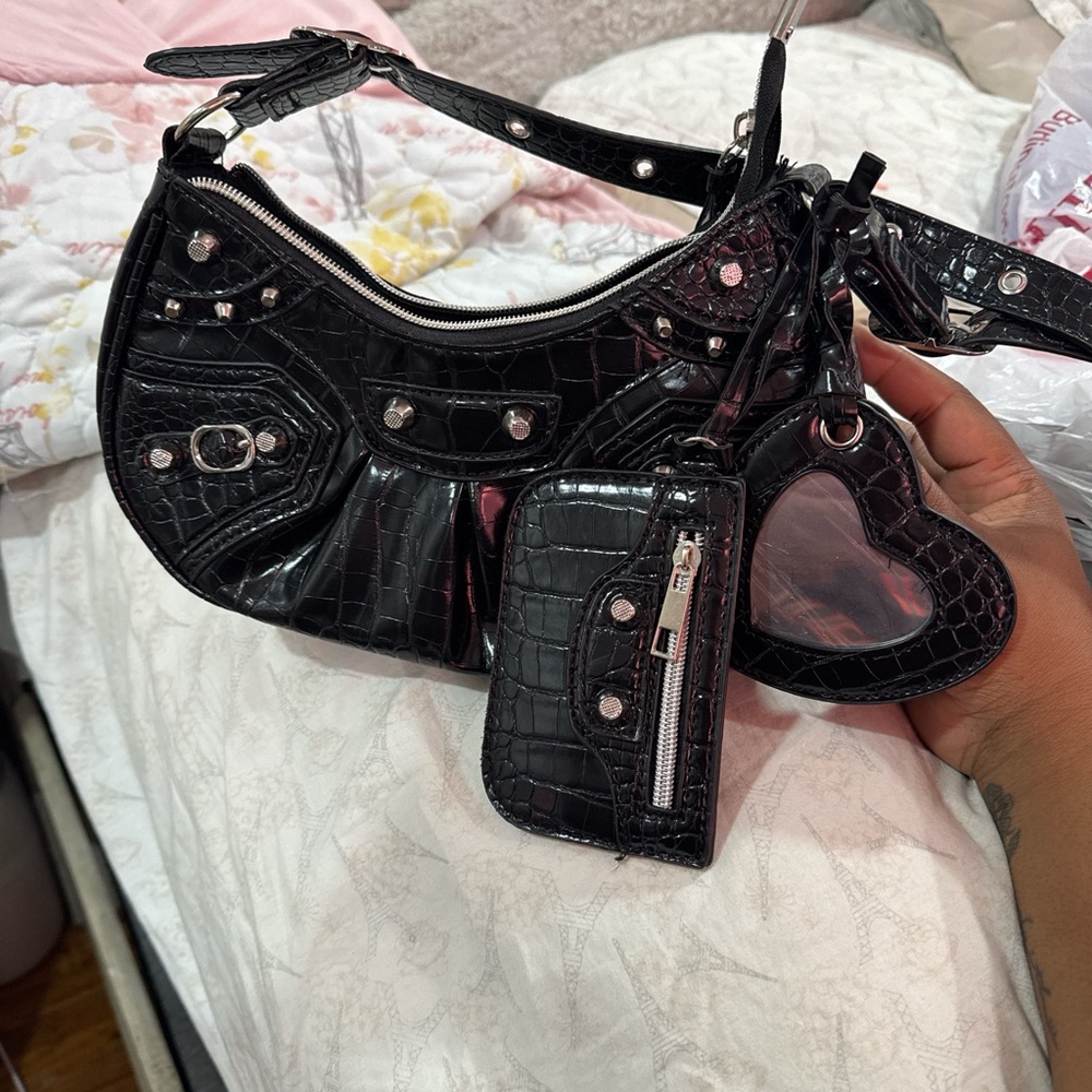 Black Croc-Embossed Shoulder Bag with Heart Mirror Charm